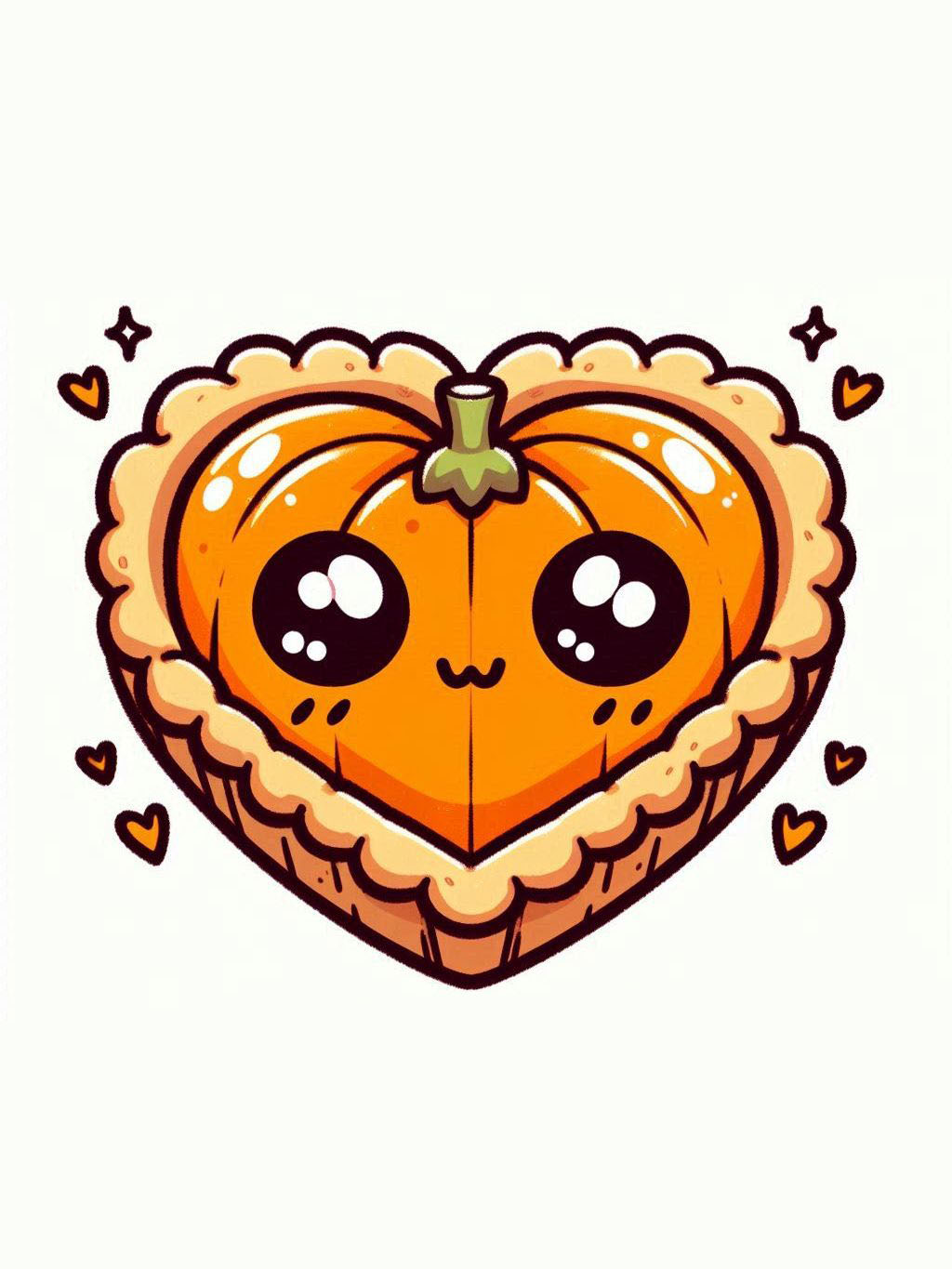 Thanksgiving love drawing ideas featuring a heart-shaped pumpkin pie with a cute face, surrounded by tiny hearts.